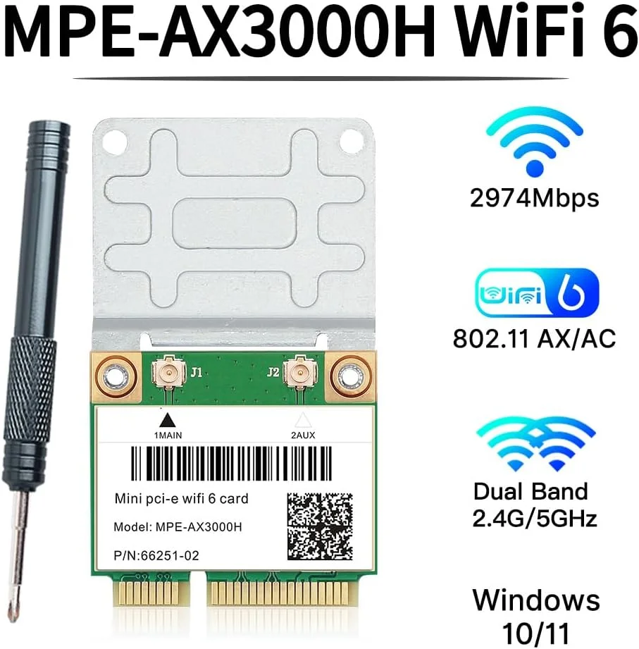 کارت شبکه وای فای 6 MPE-AX3000H دو بانده 802.11ax نیمه مینی PCI-E آداپتور شبکه PCI Express BT5.2 2.4GHz 574Mbps 5GHz 2.4Gbps(160MHz) فقط برای ویندوز 10/11 64 بیتی بهتر از کارت شبکه وای فای 7260HMW