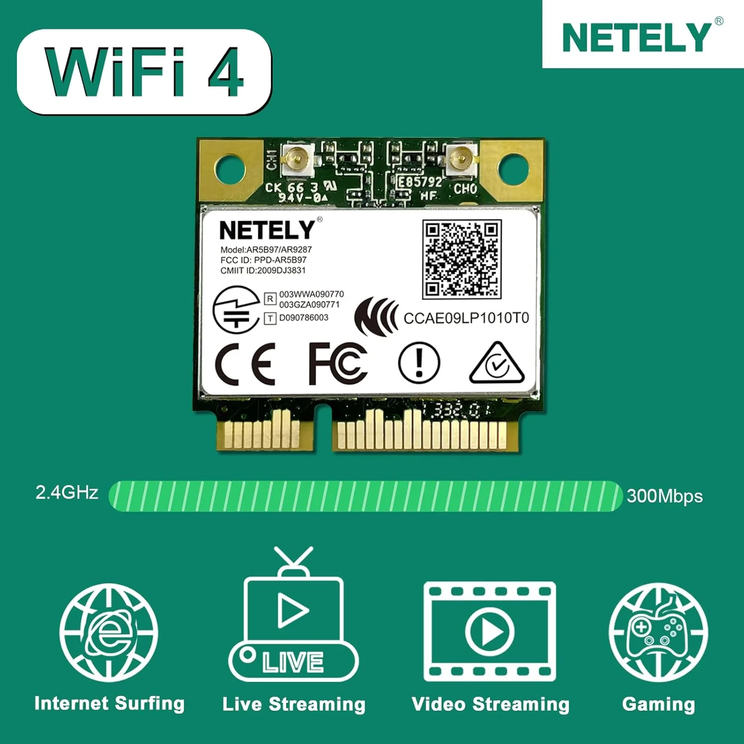آداپتور وای فای 300 مگابیت بر ثانیه NETELY IEEE 802.11N Mini-PCIE برای لپ تاپ ها و دستگاه های صنعتی - کارت وای فای Mini-PCIE - آداپتور شبکه بی سیم Qualcomm Atheros AR9287 (AR9287)