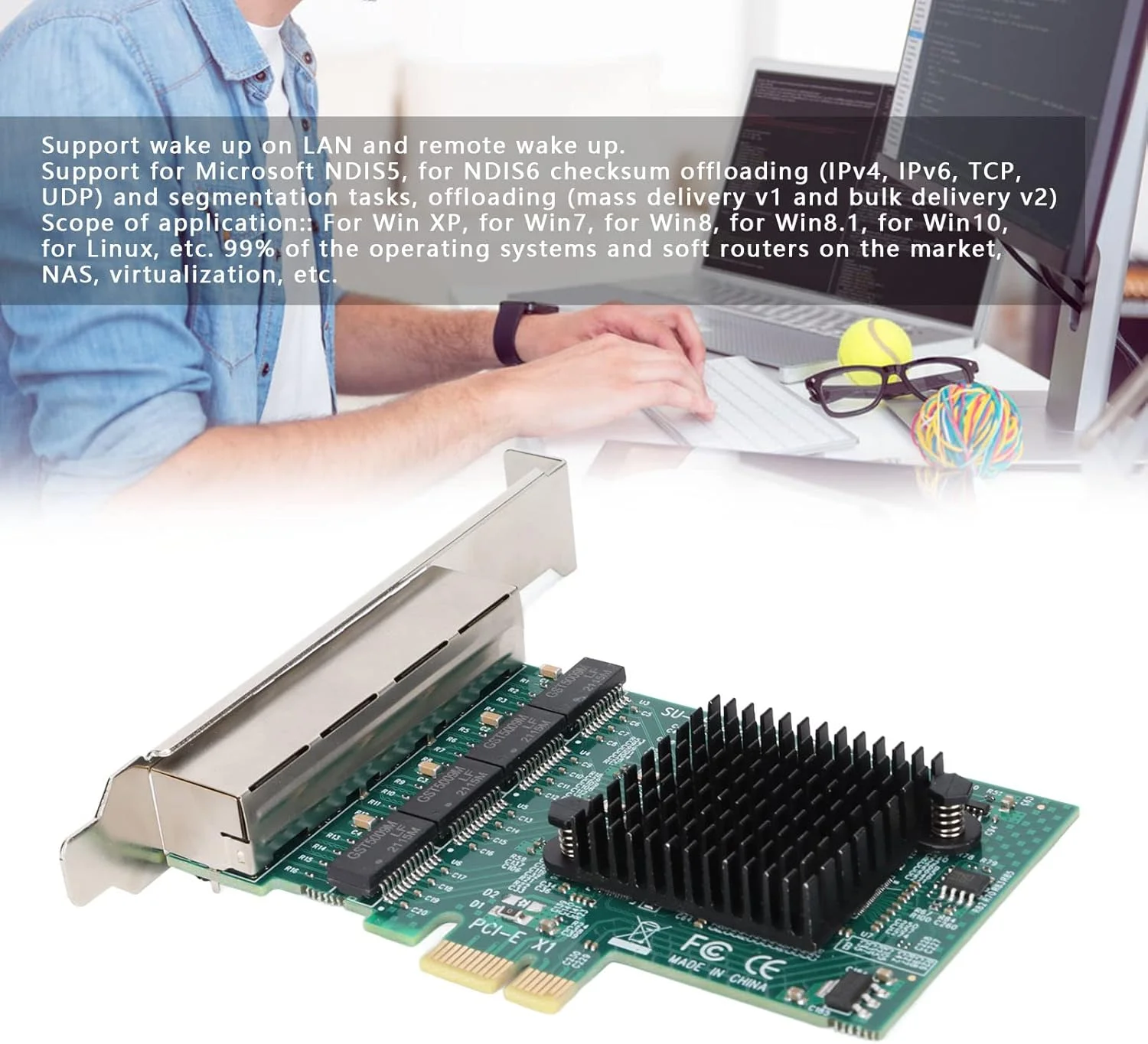 کارت شبکه PCIe چهار پورت، آداپتور سرور گیگابیتی اترنت PCIe X1 چهار پورت RJ-45 10/100/1000Mbps با چیپست RTL8111G - NIC چهار پورت