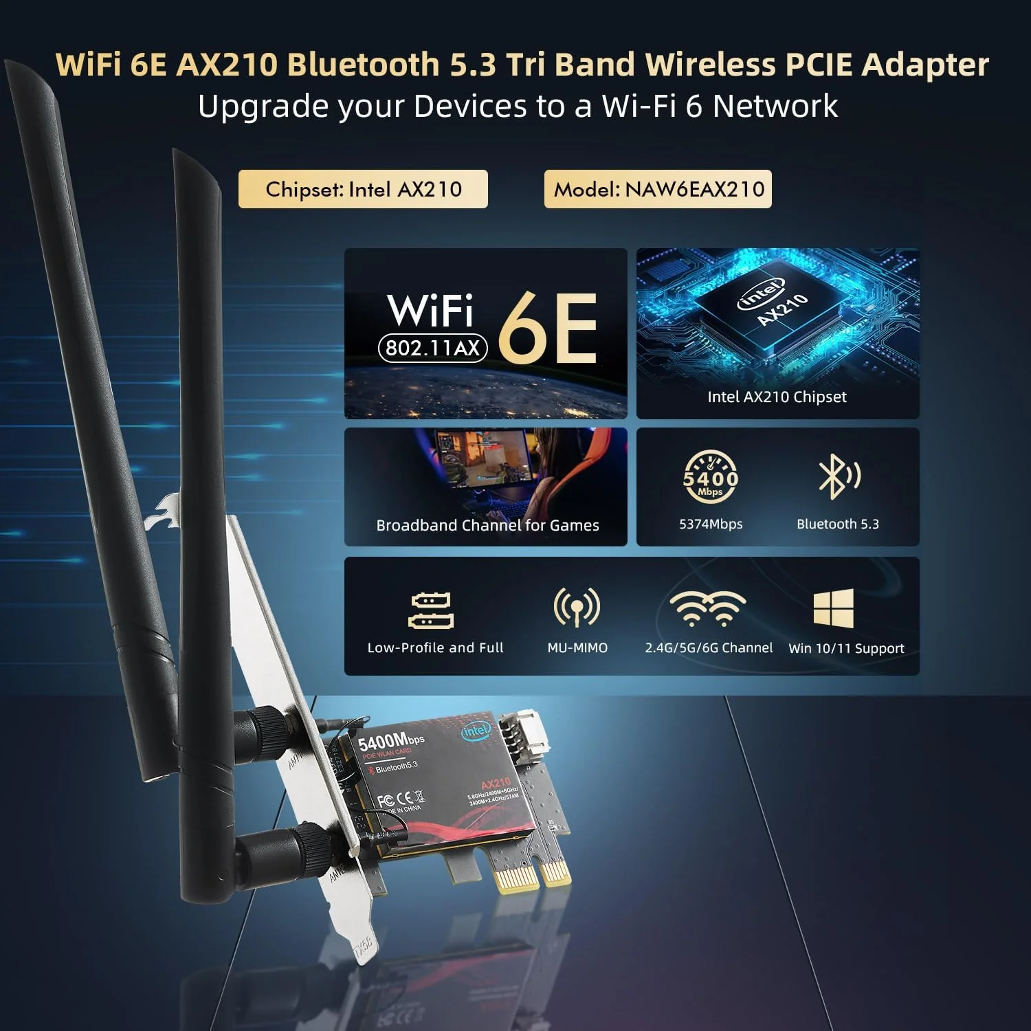 کارت وای فای 6E AX5400 آداپتور شبکه وای فای PCIe، تراشه Intel AX210 بلوتوث 5.3، سه بانده 2.4GHz/5GHz/6GHz OFDMA و MU-MIMO، برای ویندوز 10/11