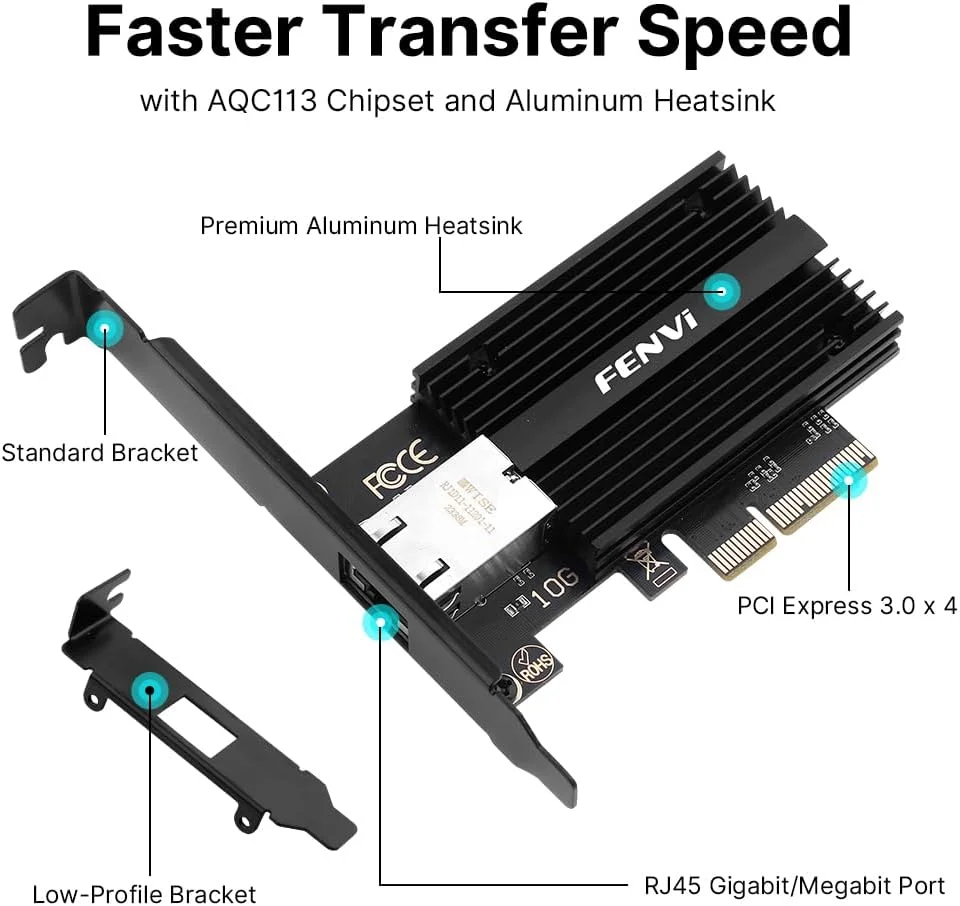 کارت شبکه 10G PCIe فنوی، کنترلر Marvell AQC113، آداپتور اترنت PCIE به 10Gb Base-T RJ45 NIC WLAN سازگار با Windows 10/11، Server 2016 و بالاتر، لینوکس