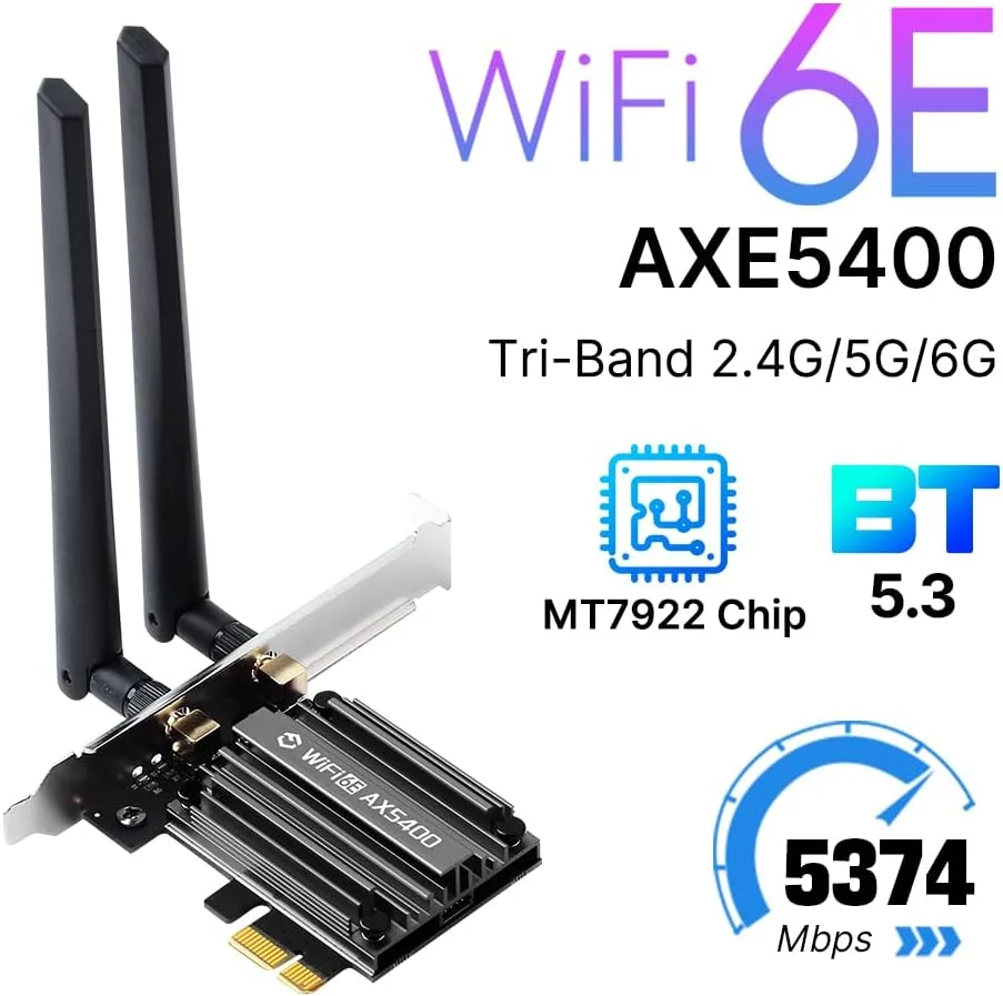 کارت شبکه PCIe وای فای 6E، سرعت AX5400Mbps، سه بانده 2.4G/5G/6G، بلوتوث 5.3، سازگار با ویندوز 10/11