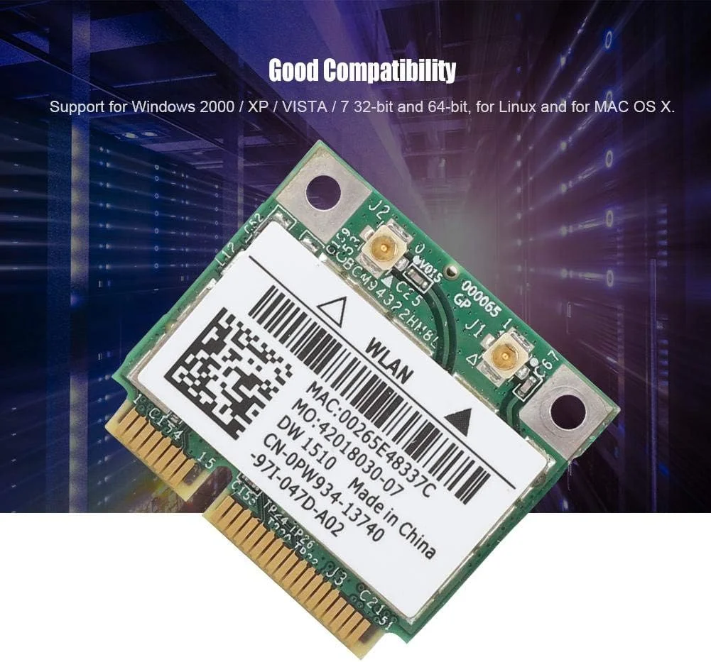 کارت شبکه دو بانده 2.4G/5Ghz مدل BCM94322HM8L DW1510 دو بانده 300Mbps Mini PCI-E برای DELL E4200 E5500