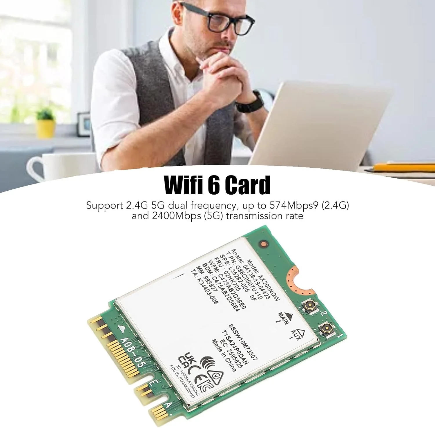 کارت شبکه NGFF وای فای 6 بلوتوث 5.1 دو بانده، کارت شبکه بی سیم 2.4G با سرعت 574Mbps و 5G با سرعت 2400Mbps، آداپتور پرسرعت PCIE برای لپ تاپ های 10 و 11 64 بیتی با اسلات M2 2230