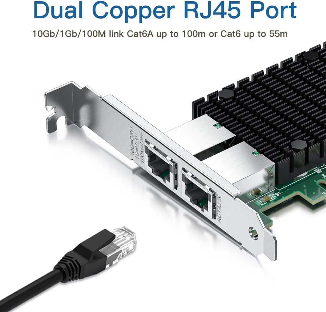 کارت شبکه 10Gb RJ45 PCI-E مدل H!Fiber، تراشه Intel X550-AT2، دو پورت RJ45، PCI Express 3.0 X4، آداپتور شبکه همگرا اترنت، پشتیبانی از Windows/Linux/VMware Esxi