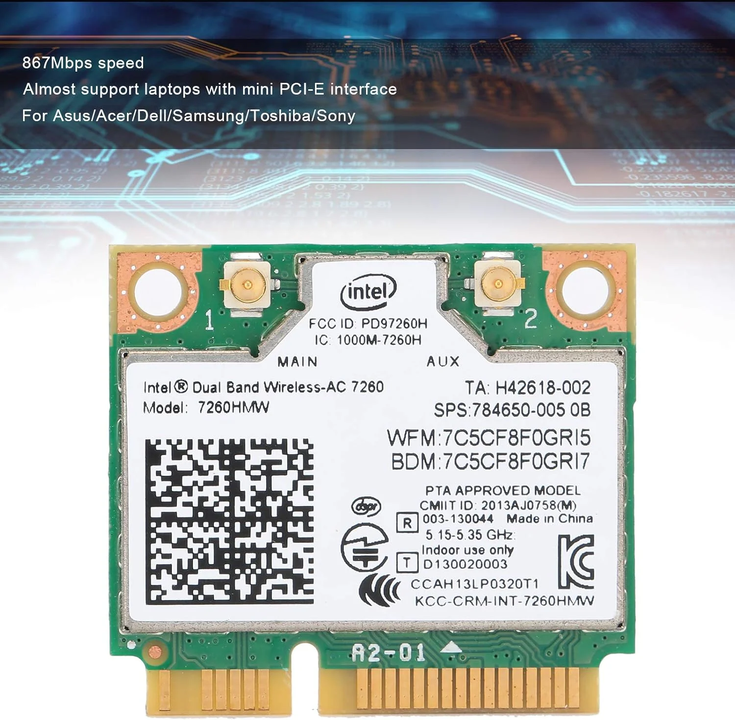 کارت شبکه بی‌سیم وای‌فای 2.4G/5Ghz Mini PCI-E WI-FI 802.11ac 867Mbps بلوتوث 4.2 8265HMW