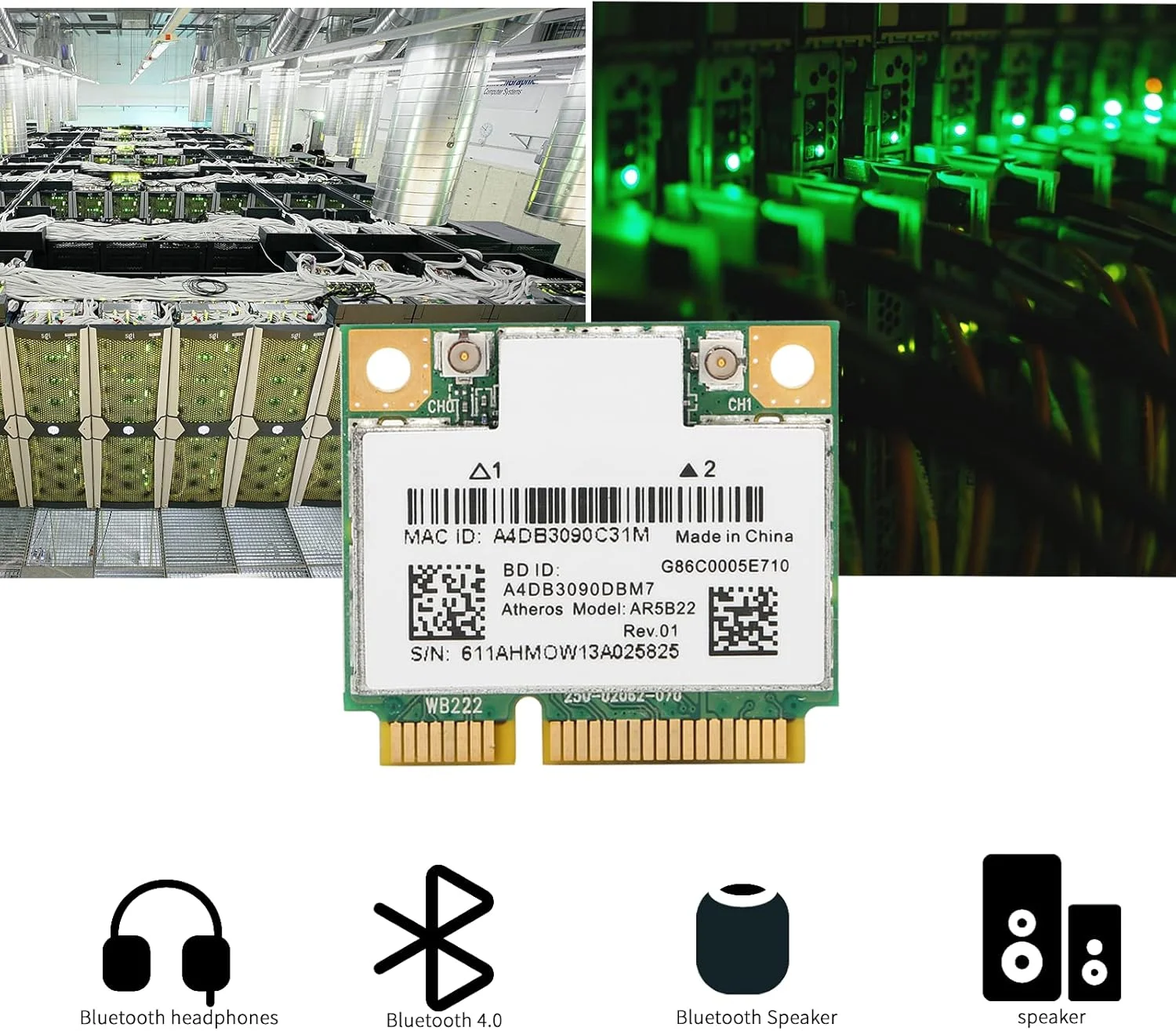 کارت وای فای برای لپ تاپ، کارت شبکه دو بانده 2.4G/5Ghz 300M پشتیبانی از کارت WLAN 802.11N و بلوتوث 4.0 مینی PCI-E بی سیم