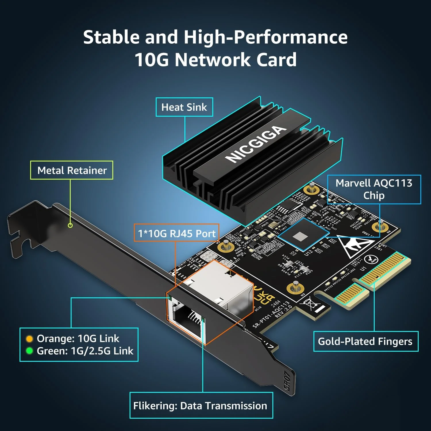 کارت شبکه 10G Base-T PCI-e، کنترلر Marvell AQC113، آداپتور اترنت 10Gb NICGIGA با پشتیبانی از WOL، کارت NIC پورت 10Gbe RJ45، Windows10/11/Windows Server/Linux