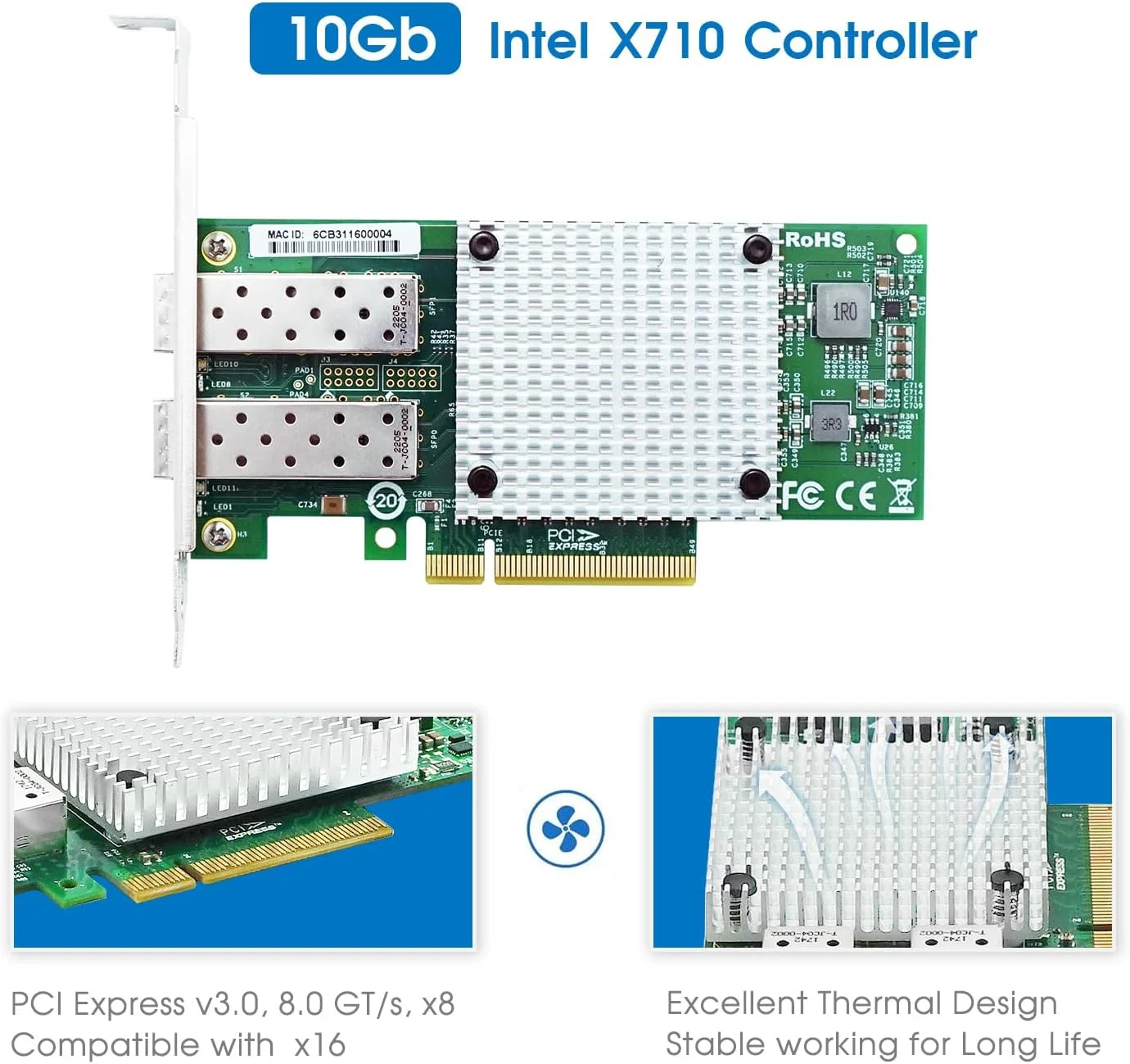 کارت شبکه 10 گیگابیت PCI-E، پورت دوگانه SFP+، با چیپست اصلی Intel X710، PCI Express 3.0 X8، آداپتور شبکه همگرا اترنت پشتیبانی از Windows Server/Linux/VMware، قابل مقایسه با Intel X710-BM2/X710-DA2