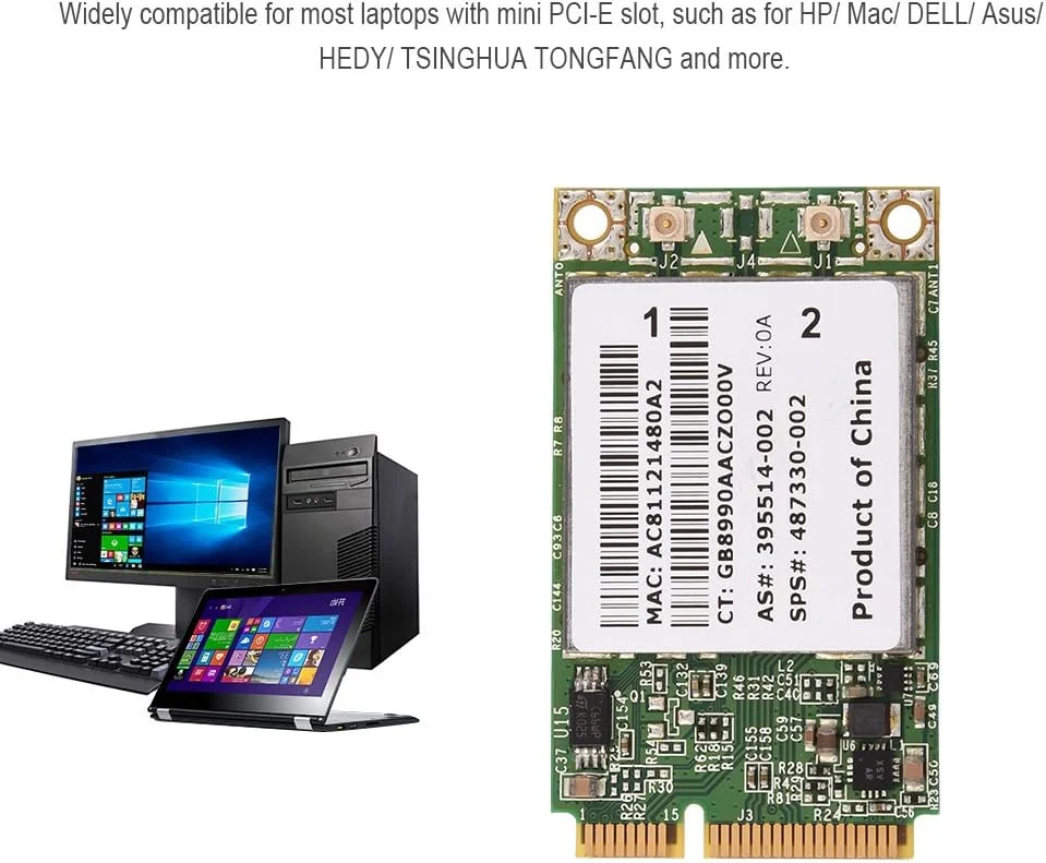کارت شبکه PCI-E، کارت وای فای مینی PCI-E دو بانده 300 مگابیت بر ثانیه 2.4G/5G NGFF/M.2 802.11AC برای HP/MAC/DELL/Acer