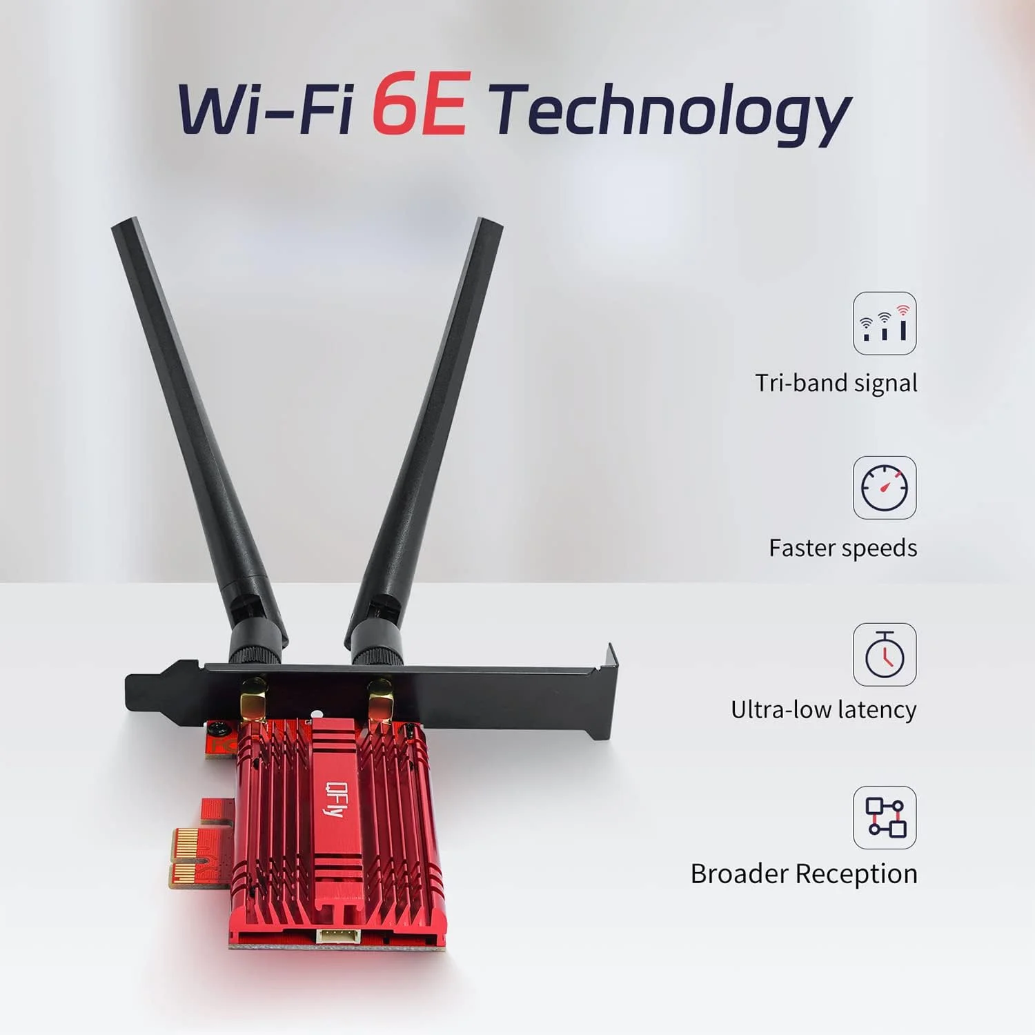 کارت شبکه بی‌سیم دسکتاپ QFly WiFi 6E 5400Mbps (6GHz و 5GHz و 2.4GHz) PCIe، بلوتوث 5.3، ماژول AX210 داخلی، کارت آداپتور شبکه بی‌سیم PCI-E برای کامپیوترهای شخصی رومیزی Windows 10/11 64bit