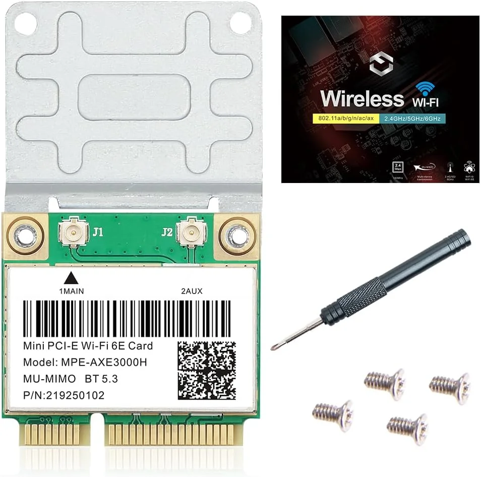 کارت شبکه وای فای 6E مینی PCI-E مدل MPE-AXE3000H با فرکانس 2.4GHz 5GHz 6GHz سرعت 5400Mbps و بلوتوث 5.2، آداپتور وایرلس 802.11AX AC MU-MIMO Half Mini PCIe OFDMA vPro برای لپ تاپ و کامپیوترهای ویندوز 10