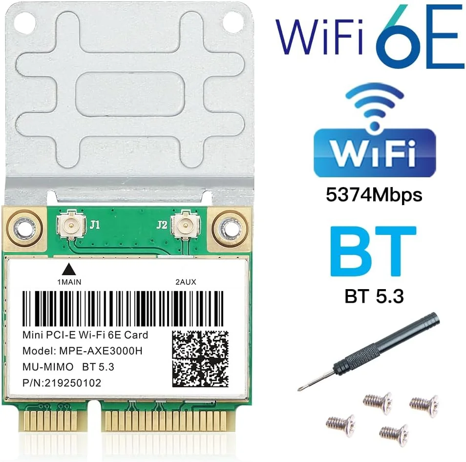 کارت شبکه وای فای 6E مینی PCI-E مدل MPE-AXE3000H با فرکانس 2.4GHz 5GHz 6GHz سرعت 5400Mbps و بلوتوث 5.2، آداپتور وایرلس 802.11AX AC MU-MIMO Half Mini PCIe OFDMA vPro برای لپ تاپ و کامپیوترهای ویندوز 10