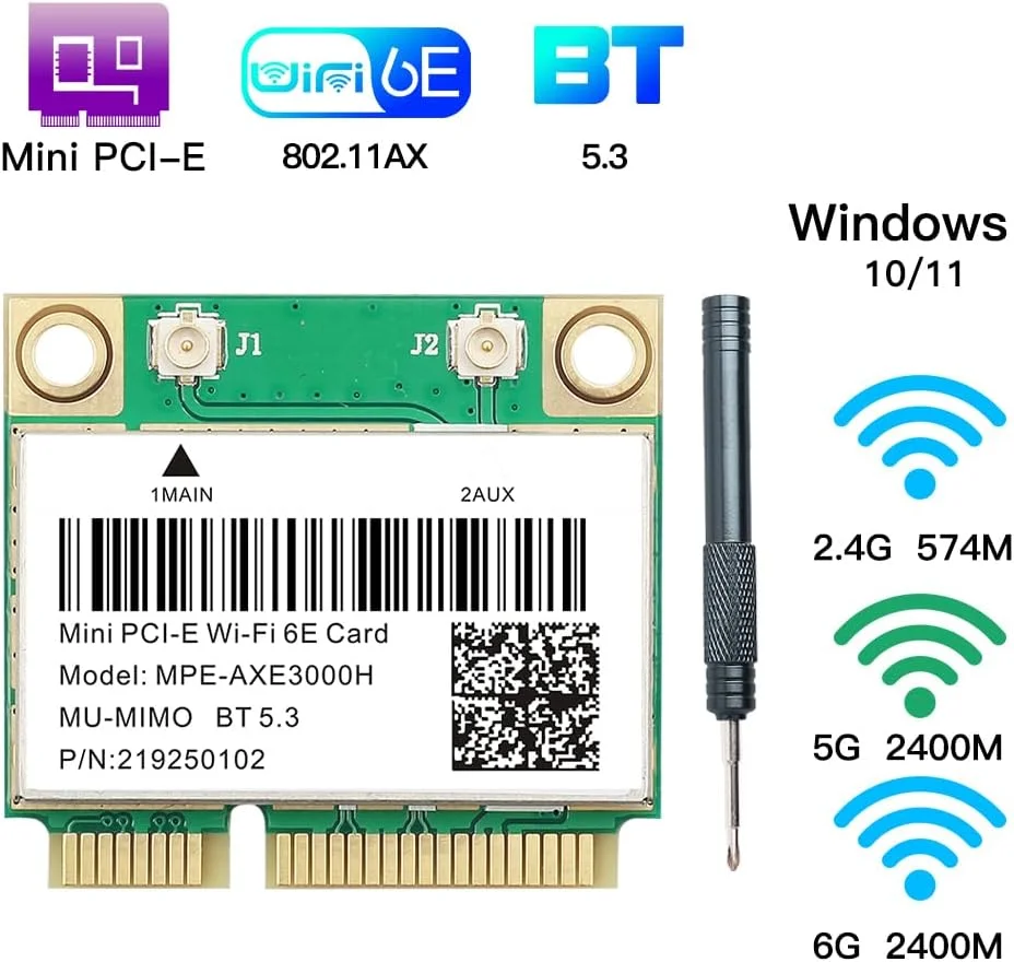 کارت شبکه وای فای 6E مینی PCI-E مدل MPE-AXE3000H با فرکانس 2.4GHz 5GHz 6GHz سرعت 5400Mbps و بلوتوث 5.2، آداپتور وایرلس 802.11AX AC MU-MIMO Half Mini PCIe OFDMA vPro برای لپ تاپ و کامپیوترهای ویندوز 10