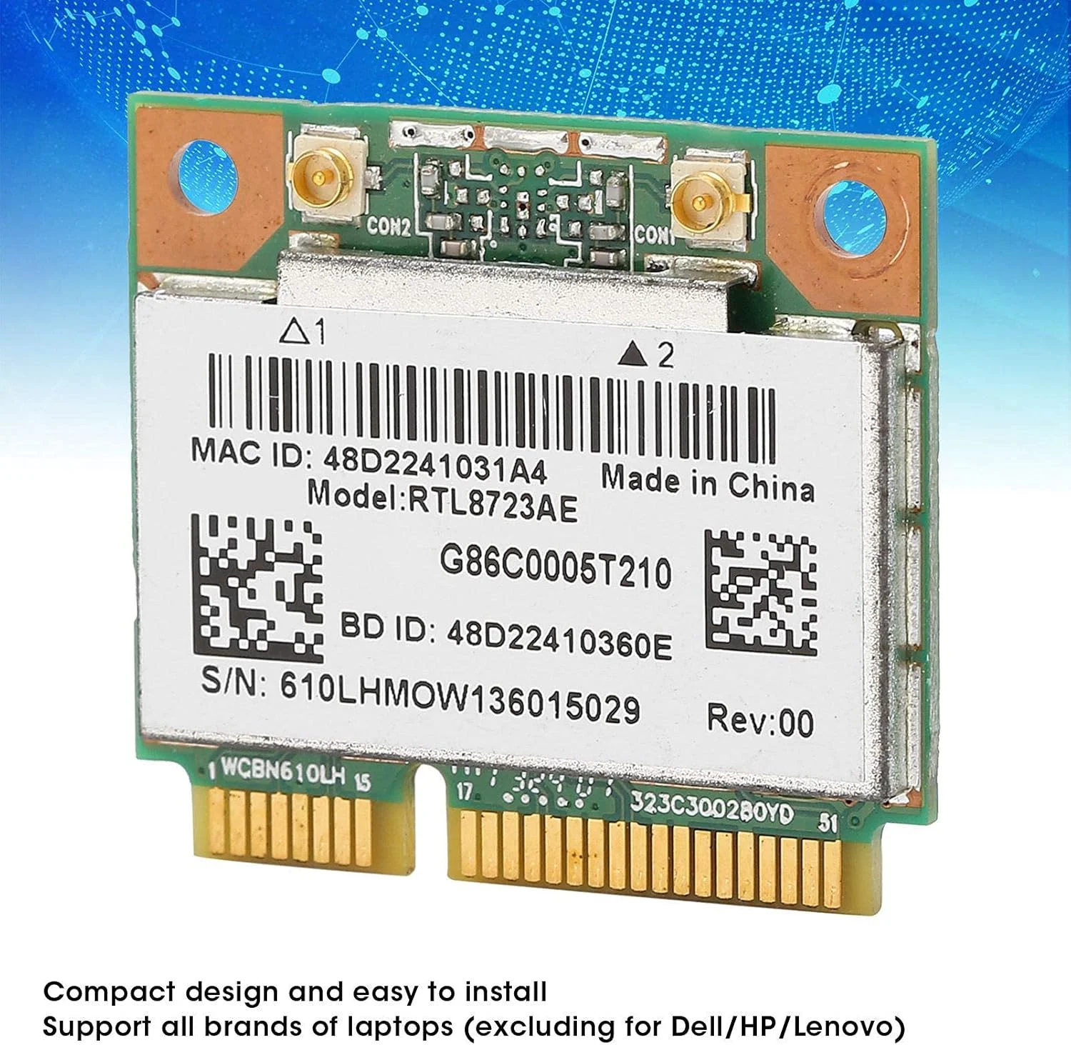 کارت وای فای RTL8723AE، کارت شبکه بی سیم بلوتوث 4.0 نیمه مینی PCI-E، آداپتور وای فای کارت WLAN قابل حمل مناسب برای اکثر لپ تاپ ها، همراه با پیچ