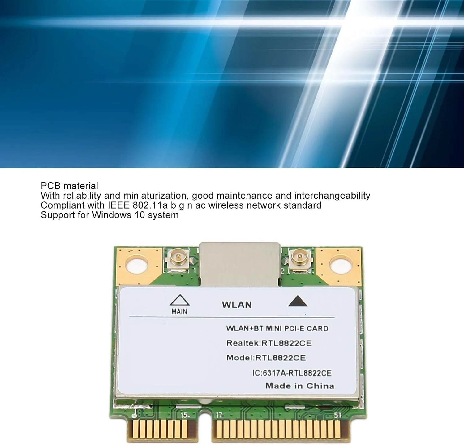 کارت شبکه وای فای مینی PCIe مدل RTL8822CE، گیگابیتی دو بانده BT 5.1، دو باند 2.4G 5G، سرعت تا 1200M، پشتیبانی از 802.11AC، برای لپ تاپ و کامپیوتر