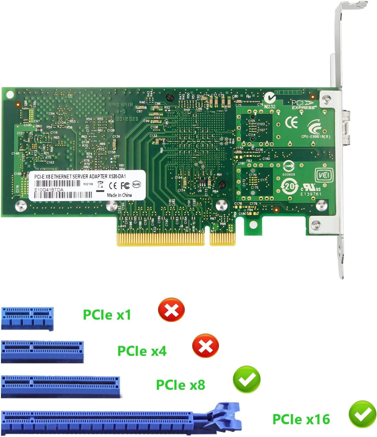 کارت شبکه SAPGRC PCIe، آداپتور شبکه اترنت 10 گیگابیتی، PCI Express X8، مبدل آداپتور پورت SFP+، با تراشه Intel 82599EN برای ویندوز/ویندوز سرور/لینوکس، قابل مقایسه با Intel X520-DA1