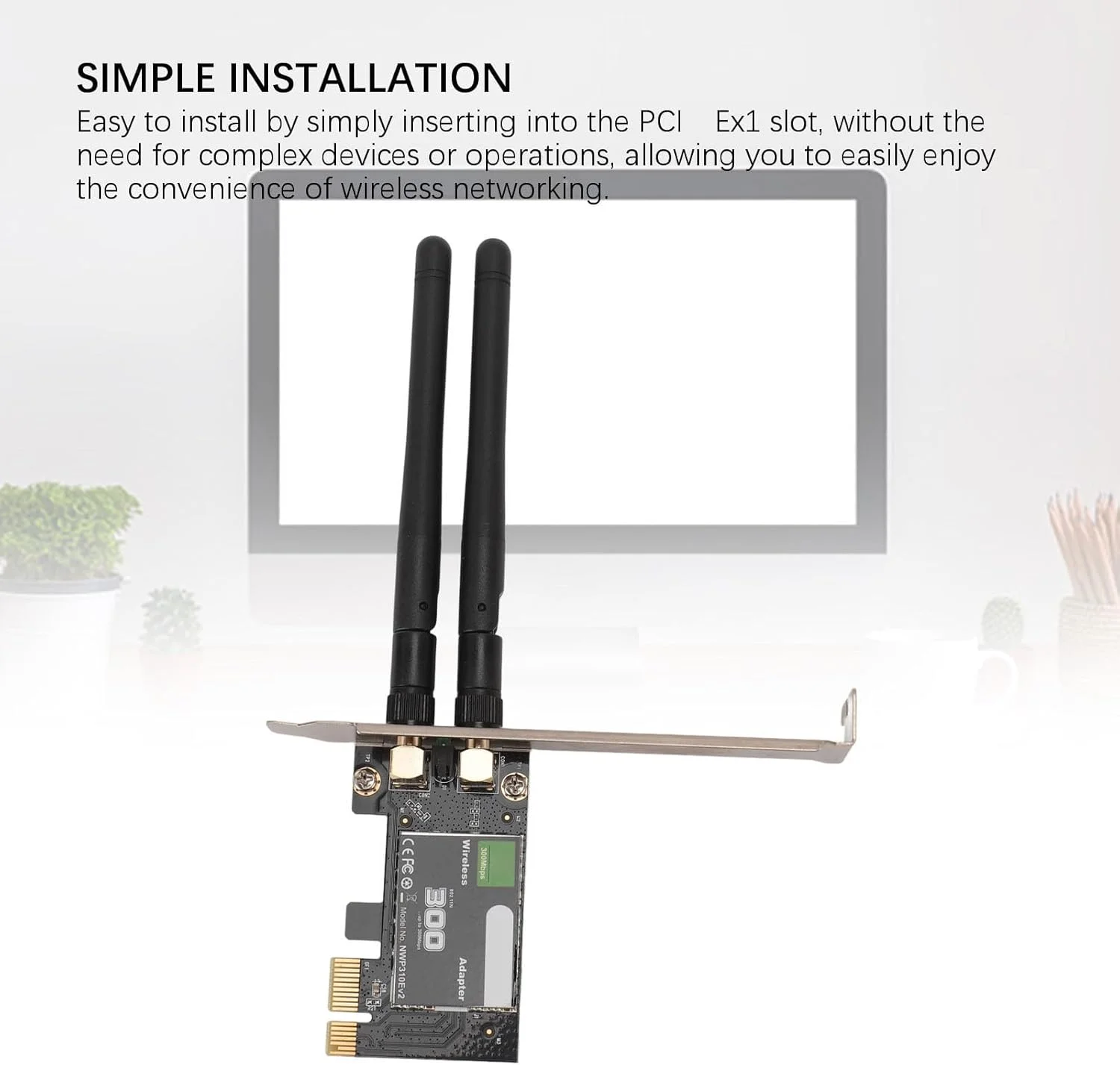 آداپتور وای فای کامپیوتر Vikye Cordless PCIE 300Mbps 2.4GHz با کارایی بالا، جدیدترین پروتکل 802.11N، انتقال داده قابل اعتماد با رابط PCI-Ex1، سازگار با WINS