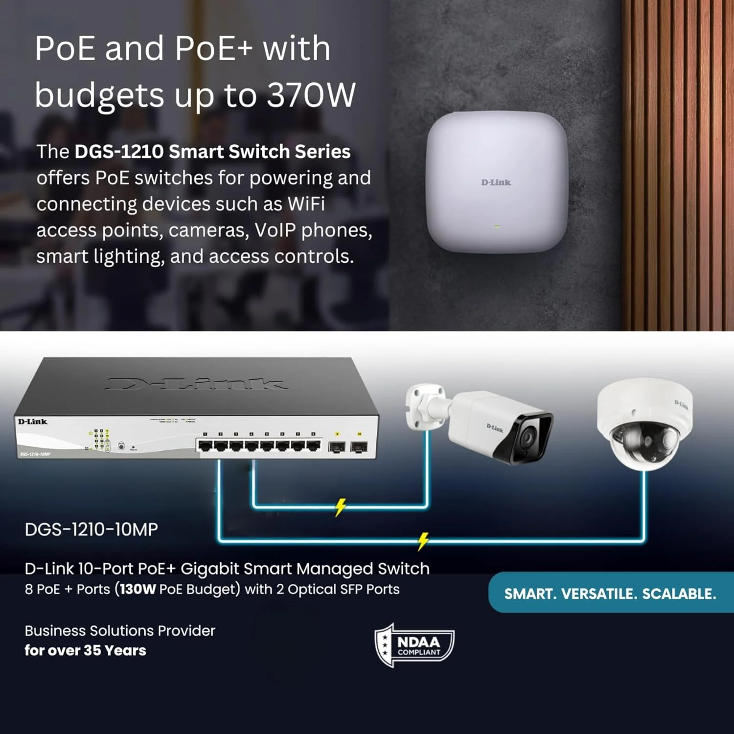 سوئیچ مدیریتی هوشمند ۱۰ پورت گیگابیتی PoE دی-لینک DGS-1210-10MP با ۲ پورت SFP گیگابیتی و توان ۱۳۰ وات، سوئیچینگ پیشرفته L2 و امنیت