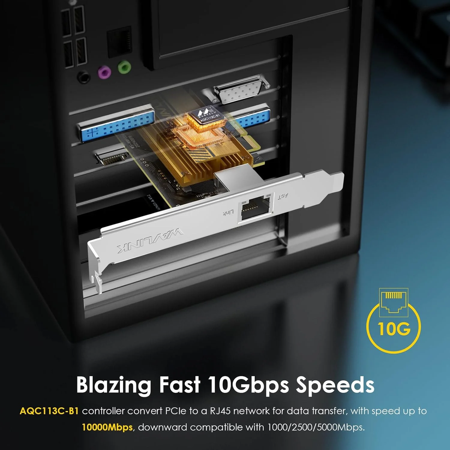 کارت شبکه WAVLINK 10G Base-T PCIe، آداپتور اترنت PCI Express با سرعت 10000/5000/2500 مگابیت بر ثانیه با کنترلر AQC113، کارت شبکه 10G برای ویندوز 11/10 و لینوکس با براکت کم ارتفاع