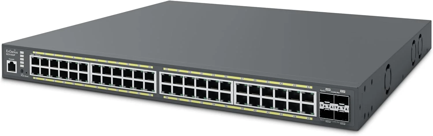 سوییچ 48 پورت گیگابیتی PoE+ مدیریتی ابری EnGenius مدل ECS1552P با 4 پورت SFP+ - 48 پورت - مدیریتی - پشتیبانی از 3 لایه - ماژولار - بودجه PoE 410 واتی - فیبر نوری، زوج به هم تابیده - PoE