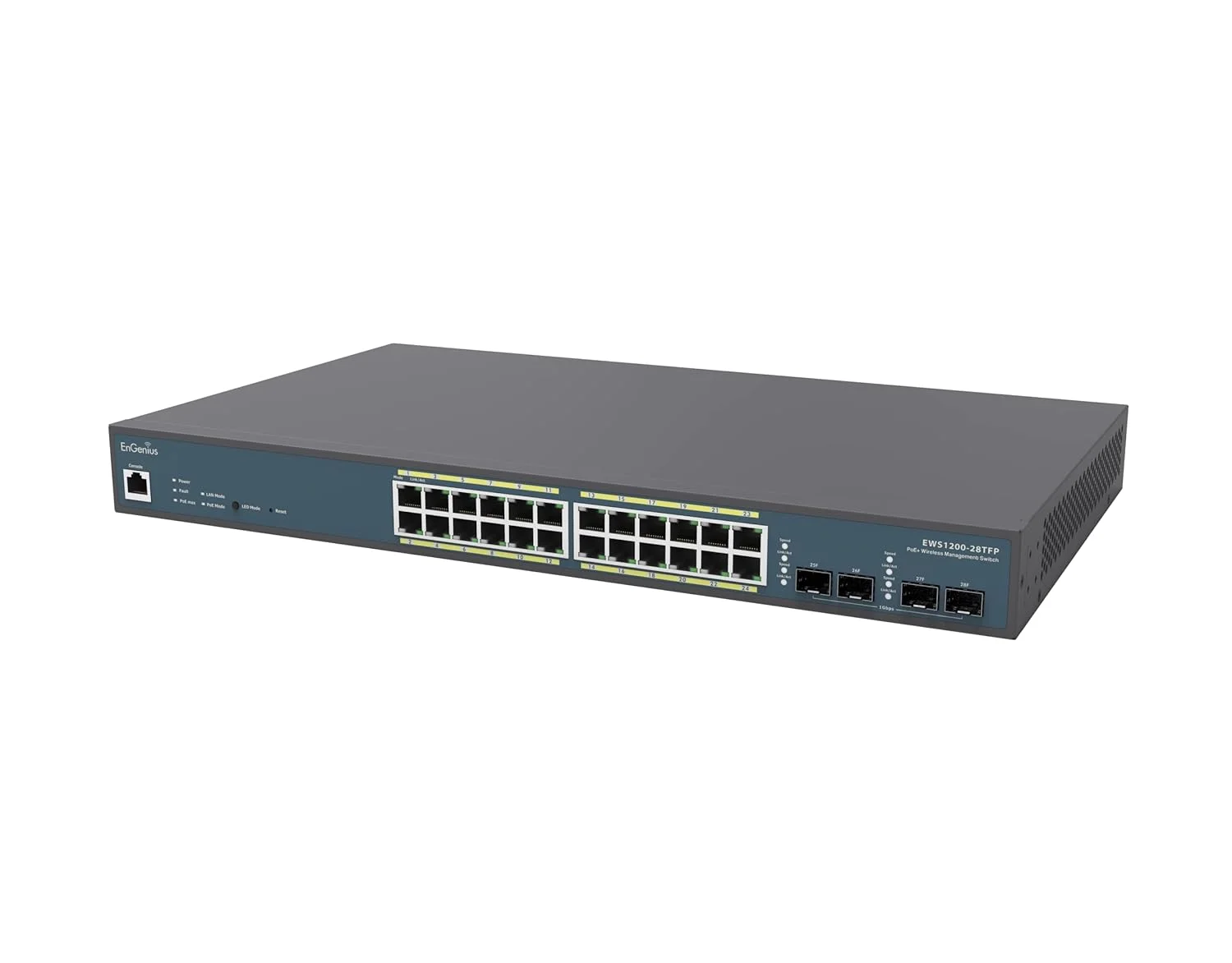 سوئیچ مدیریتی لایه 2 اِنجنیوس با 24 پورت گیگابیتی 802.3at/af PoE+ با توان کامل، 4 پورت SFP، بودجه PoE 410 واتی با مدیریت متمرکز شبکه [مدیریت تا 50 اکسس پوینت اِنجنیوس]