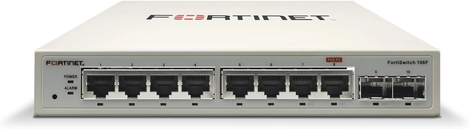 سوئیچ Fortinet FortiSwitch 108F، سوئیچ لایه 2، مدیریت شده، 8 پورت GE + 2 پورت SFP x 1 پورت RJ45. طراحی بدون فن