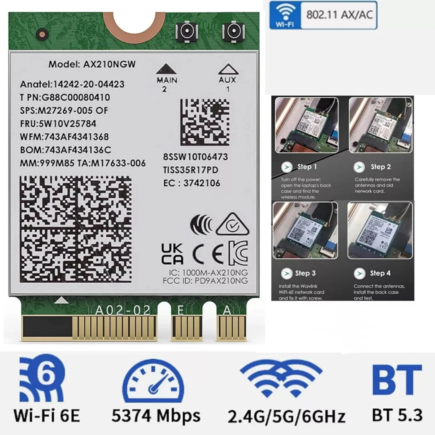 کارت شبکه وای فای 6 PCI-E، ماژول بلوتوث 5.3، کارت شبکه سه باندی 2.4G+5G+6G برای کامپیوتر