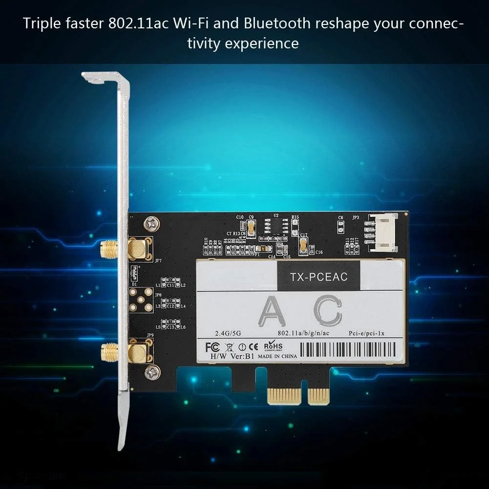 کارت شبکه بی‌سیم دو بانده، کارت شبکه PCI-E برای رایانه شخصی رومیزی 1300 مگابیت بر ثانیه + بلوتوث 4.1 برای Qualcomm QCNFA344، کارت بلوتوث WIFI دو بانده 2.4/5 گیگاهرتز PCI Express X1