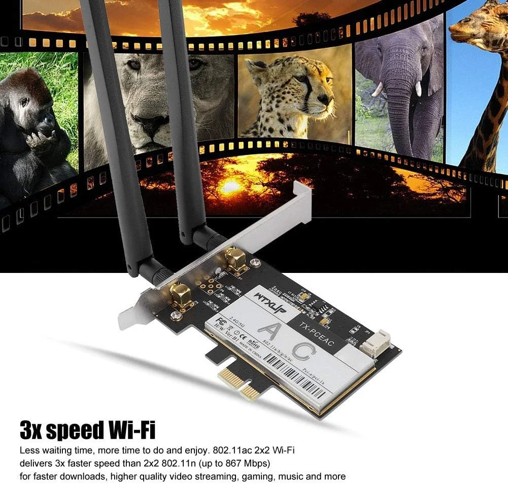 کارت شبکه بی‌سیم دو بانده، کارت شبکه PCI-E برای رایانه شخصی رومیزی 1300 مگابیت بر ثانیه + بلوتوث 4.1 برای Qualcomm QCNFA344، کارت بلوتوث WIFI دو بانده 2.4/5 گیگاهرتز PCI Express X1