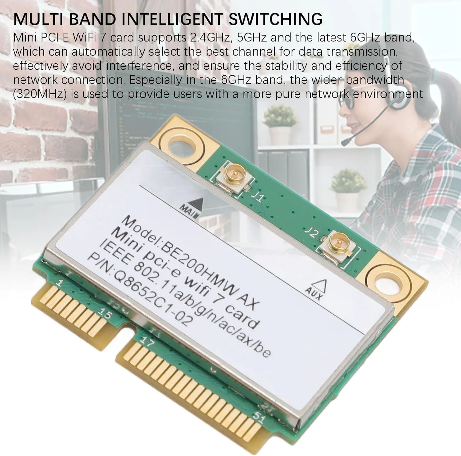 کارت شبکه وایرلس WiFi 7، کارت WLAN PCIE، آداپتور WLAN دو بانده PCIe با سرعت 8774 مگابیت بر ثانیه BT 5.4 802.11A B G N AC AX PCI Express BE200HMW برای کامپیوتر (بدون آنتن)