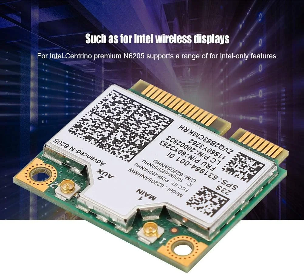 کارت شبکه Mini PCI-E اینتل Wireless-N 6205، سرعت 300 مگابیت بر ثانیه، دو باند 2.4G/5G، مناسب برای Thinkpad T420/T420S/T420i/T430/T430S/T430SI/T520I/T520/T520/T530/T530i X220/X220s/X220i، مناسب برای HP کارت شبکه Mini PCI-E اینتل Wireless-N 6205، سرعت 300 مگابیت بر ثانیه، دو باند 2.4G/5G، مناسب برای Thinkpad T420/T420S/T420i/T430/T430S/T430SI/T520I/T520/T520/T530/T530i X220/X220s/X220i، مناسب برای HP