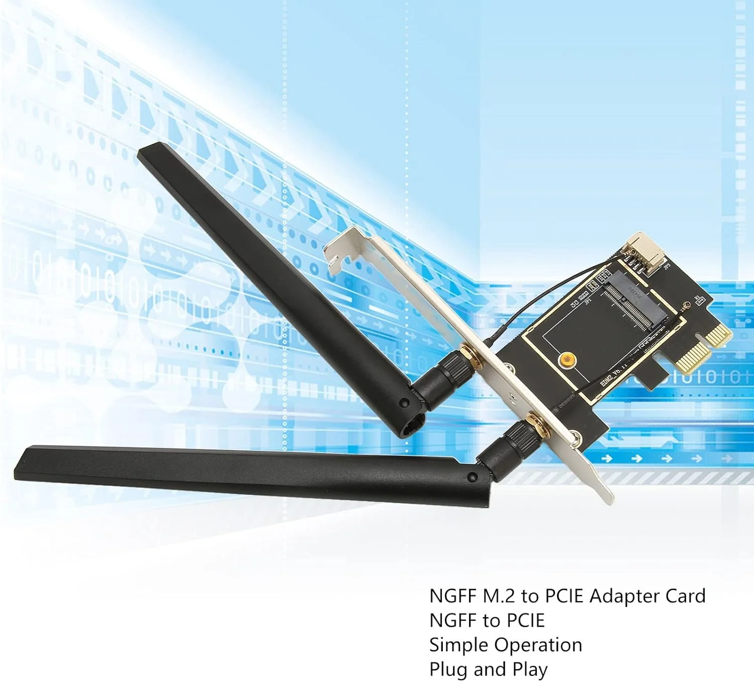 کارت شبکه بی‌سیم NGFF به PCIE، آداپتور NGFF M.2 به PCIE مبدل WLAN دسکتاپ، آداپتور بی‌سیم M.2 به PCI Express با 2 آنتن برای 7260 8265 1650 1675X AX200 AX210 (مدل Elite با پوشش آنتن)