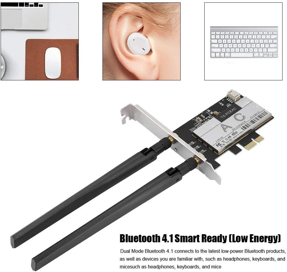 کارت شبکه بی‌سیم Qualcomm QCNFA344، سرعت 1300 مگابیت بر ثانیه، دو بانده + بلوتوث 4.1 PCI-E برای کامپیوترهای رومیزی، سازگار با ویندوز 7/8/8.1/10، آداپتور وای‌فای PCIE با اسلات‌های PCI Express X1, X4, X8, X16