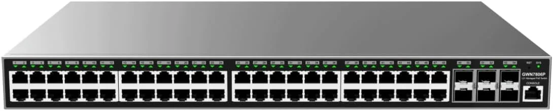 سوئیچ مدیریتی لایه 2+ رک مونت گرنداستریم GWN7806P. پورت ها: 48x GbE RJ45 PoE 802.3 AF/at، 30W در هر پورت، توان کل 360W، 6X SFP+، منبع تغذیه داخلی برند