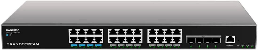 سوئیچ مدیریتی لایه 3 رک مونت گرنداستریم GWN7813P. پورت ها: 24x GbE RJ45 PoE 802.3 AF/at، 60W در هر پورت، 4X SFP+، منبع تغذیه اضافی اختیاری