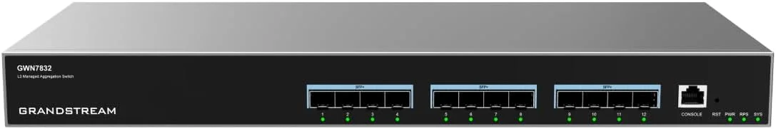 سوئیچ تجمیع مدیریتی لایه 3 گرنداستریم GWN7832، دارای 12 پورت SFP+