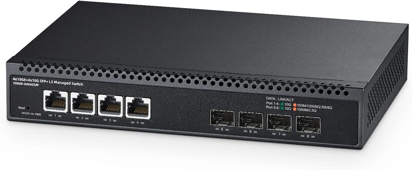 سوئیچ مدیریتی 8 پورت 10 گیگابیتی Binardat، با 4 پورت 10G RJ45 اترنت، 4 پورت 10G SFP+، پهنای باند 160 گیگابیت بر ثانیه، مدیریت تحت وب L3، سوئیچ شبکه فلزی کوچک