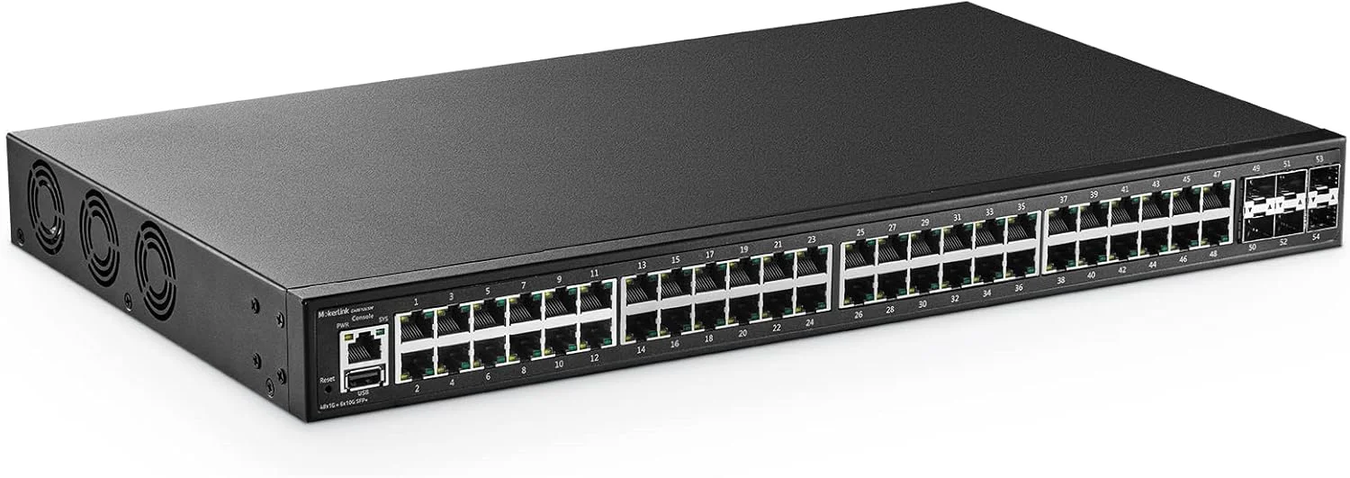 سوئیچ مدیریتی گیگابیتی 48 پورت MokerLink، 48 پورت GE، 6 پورت 10G SFP+، 1 پورت کنسول، 1 پورت USB، مدیریت هوشمند وب لایه 3، قابل نصب در رک، DHCP QoS Vlan IGMP و مسیریابی استاتیک