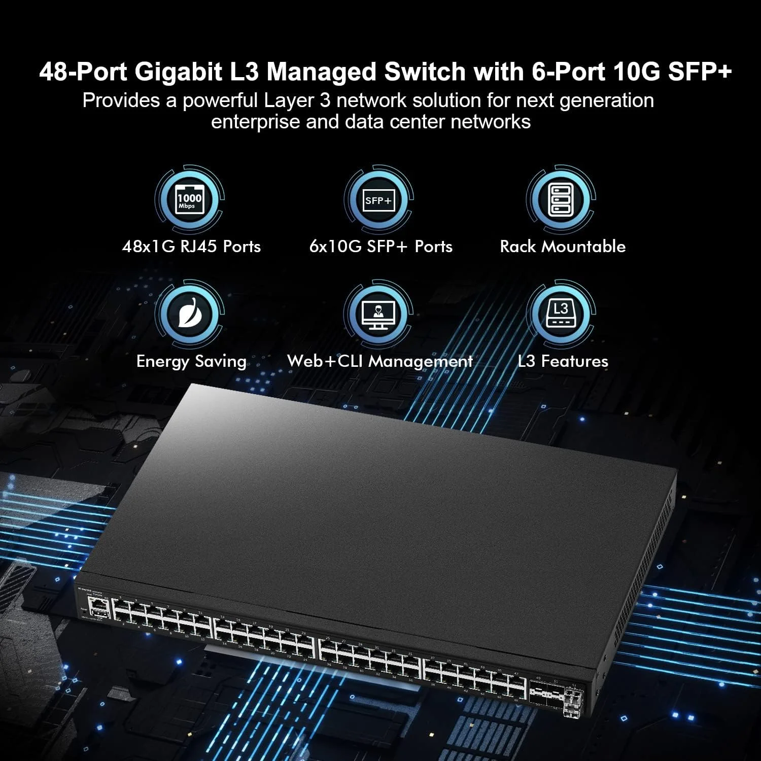 سوئیچ مدیریتی گیگابیتی 48 پورت MokerLink، 48 پورت GE، 6 پورت 10G SFP+، 1 پورت کنسول، 1 پورت USB، مدیریت هوشمند وب لایه 3، قابل نصب در رک، DHCP QoS Vlan IGMP و مسیریابی استاتیک