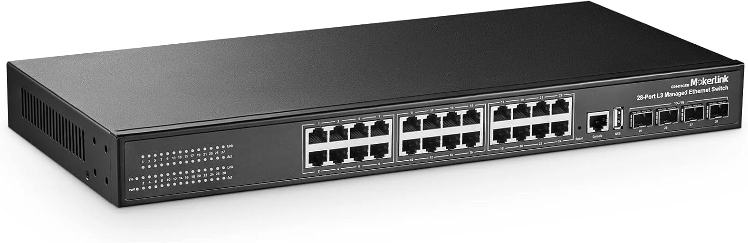 سوئیچ مدیریتی 28 پورت گیگابیتی MokerLink، 24 پورت GE، 4 آپلینک 10G SFP+، 1 پورت کنسول، 1 پورت USB، مدیریت هوشمند L3، نصب در رک بدون فن، DHCP QoS Vlan IGMP و مسیریابی استاتیک
