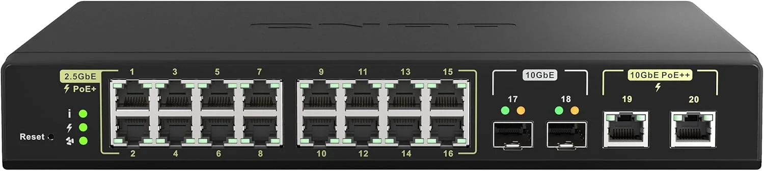 سوئیچ شبکه مدیریت شده QNAP با ۲۰ پورت 10GbE PoE++ و 2.5GbE PoE+ (QSW-M2116P-2T2S-US). لایه 2، مدیریت وب