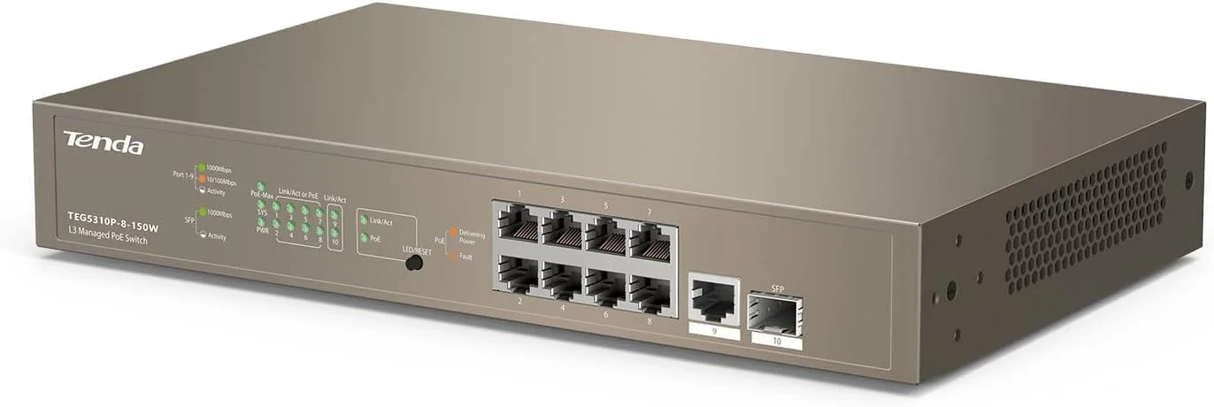سوئیچ 10 پورت Tenda PoE مدیریت شده L3 گیگابیتی اترنت با 8 پورت PoE+ و 1 پورت SFP (130W, VLAN, QoS, IGMP-Snooping، رومیزی یا قابل نصب روی دیوار) (TEG5310P-8-150W)