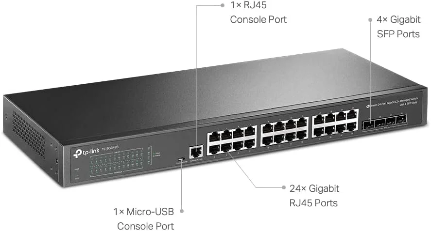 سوئیچ 24 پورت گیگابیتی TP-Link TL-SG3428 با 4 اسلات SFP | یکپارچه با Omada SDN | مدیریت هوشمند L2+ | IPv6 | مسیریابی استاتیک | L2/L3/L4 QoS، IGMP و LAG