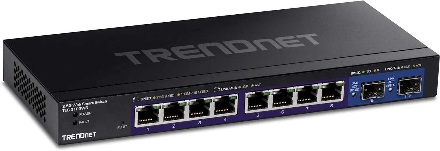 سوئیچ هوشمند تحت وب چند گیگابیتی 10 پورت ترندنت، 8 پورت 2.5GBASE-T، 2 اسلات 10G SFP+، بدنه فلزی، سوئیچ اترنت شبکه مدیریت شده، مشکی، TEG-3102WS
