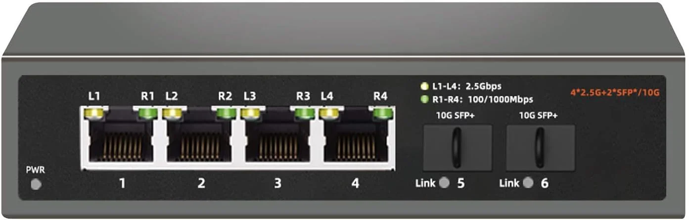 سوئیچ اترنت 6 پورت 2.5G با سرعت 2500 مگابیت بر ثانیه، 4 پورت 2.5GBASE-T، 2 پورت 10G SFP+، ظرفیت سوئیچینگ 60 گیگابیت بر ثانیه، بدون نیاز به مدیریت، اتصال و پخش، بدنه فلزی، قابل نصب روی میز/دیوار