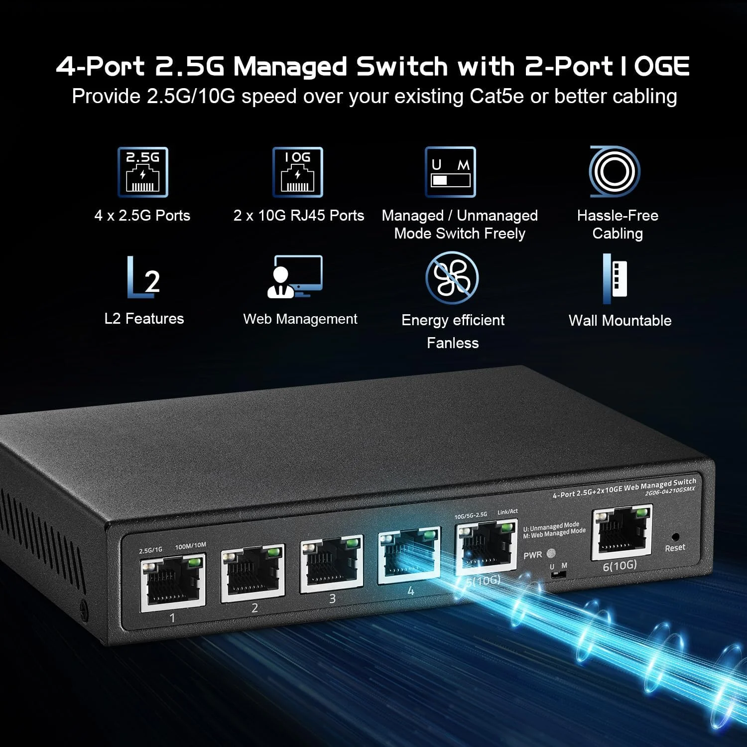 سوئیچ مدیریتی تحت وب Binardat با ۴ پورت 2.5G و ۲ پورت آپلینک 10 گیگابیتی RJ45، سوئیچ شبکه چند گیگابیتی فلزی بدون فن، قابل نصب روی میز/دیوار - تصویر 2
