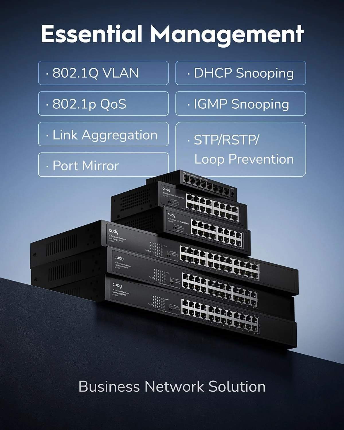 سوییچ 16 پورت گیگابیتی مدیریتی سبک Cudy GS1016E، نصب آسان، بدنه فلزی مقاوم با پورت های محافظت شده، QoS، VLAN، IGMP LAG، کیس فولادی قابل نصب در رک