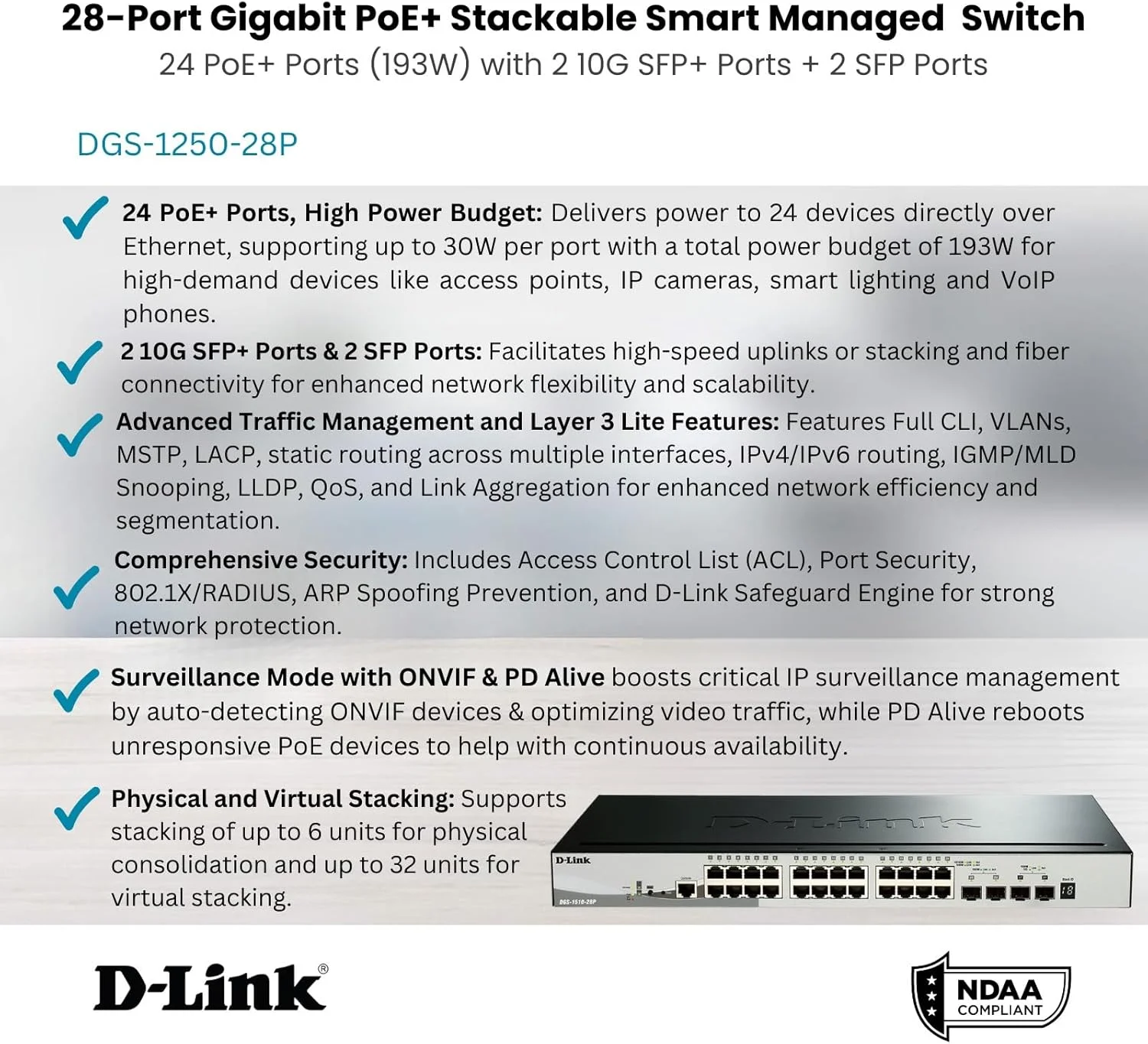 سوئیچ استک گیگابیتی مدیریت شده هوشمند D-Link DGS-1510-28P (28 پورت، شامل 24 پورت 10/100/1000 مگابیت بر ثانیه PoE، 2 پورت SFP، 2 پورت 10G SFP+)