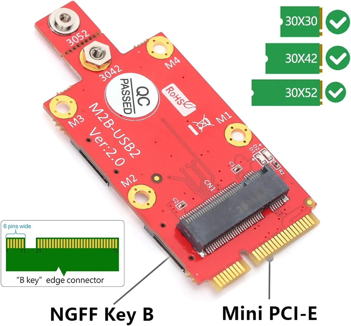 مبدل Mini PCIe به M.2، کارت مبدل 3042/3052 M.2 Key B به Mini PCI-E کارت شبکه بی سیم، پشتیبانی از اتصال دهنده سیم کارت فشاری، برای لپ تاپ/رومیزی/کامپیوتر